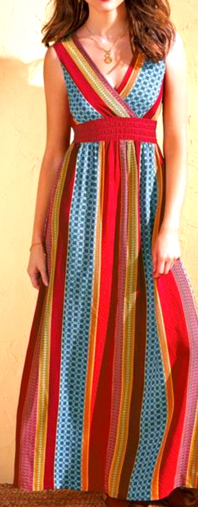Avon S Marrakesh Red Blue Gold Striped Maxi Dress